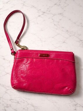 Coach Raspberry Patent Leather Perforated C Clutch Wristlet